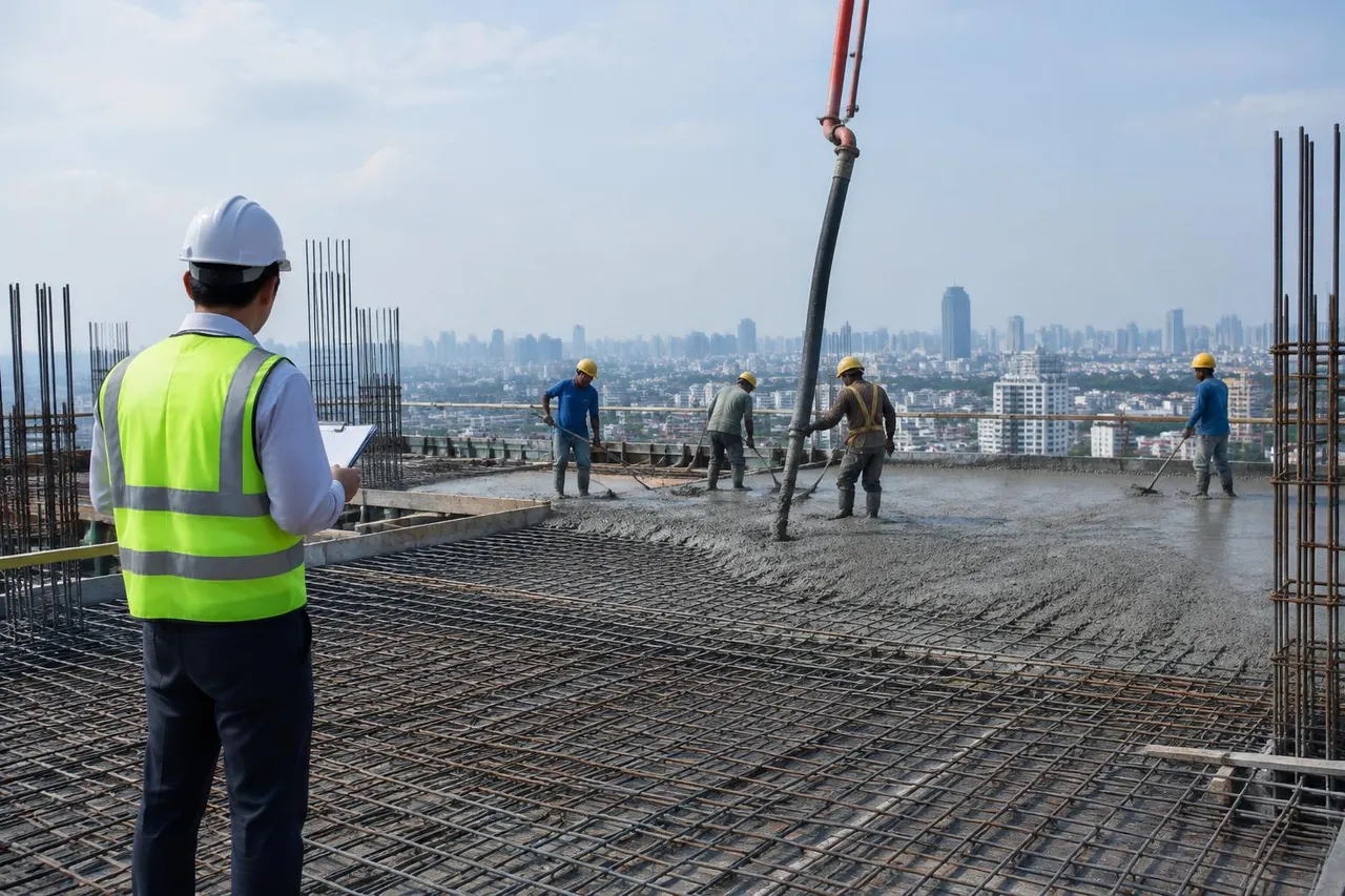 Engenheiro acompanhando concretagem de laje com armaduras em edifício
