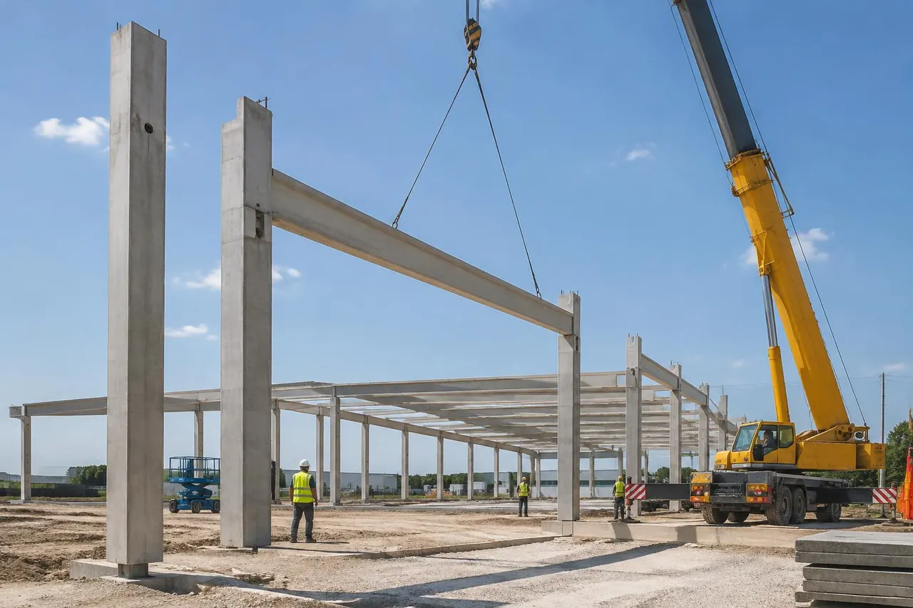 Montagem de pilares e vigas pré-moldadas de concreto de galpão com guindaste