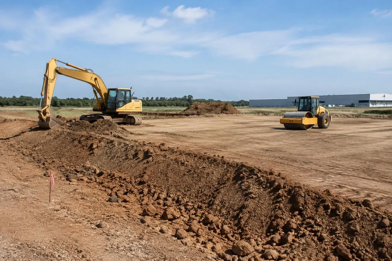Terraplenagem de terreno industrial com escavadeira e rolo compactador