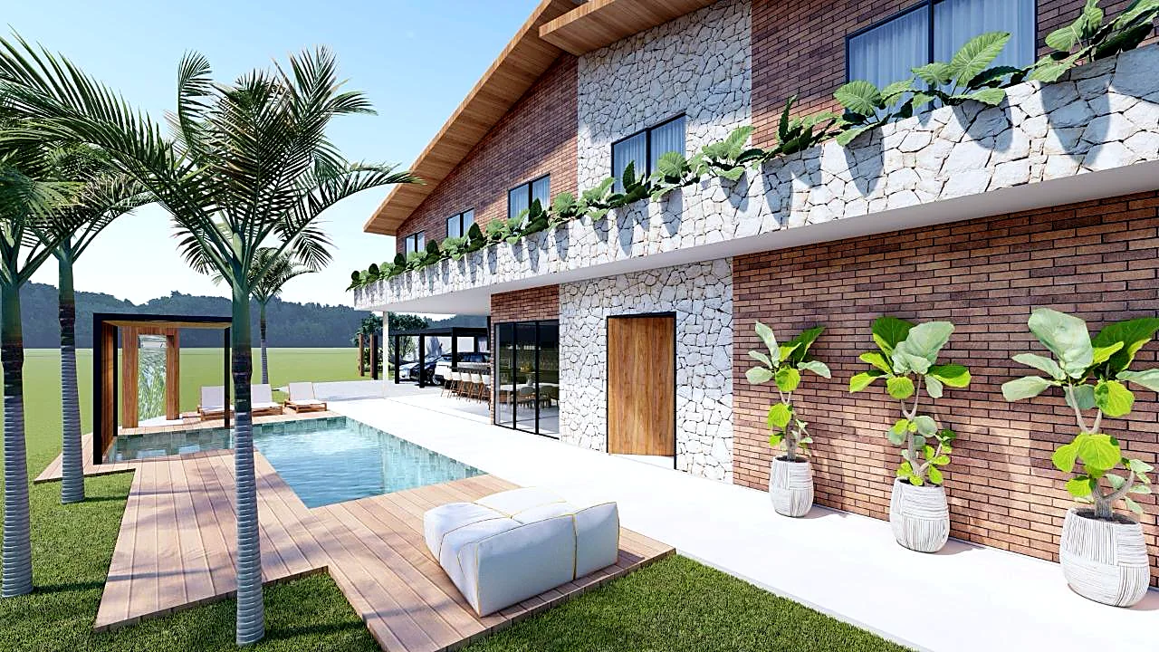 Projeto de edificação com área de lazer, piscina e jardim Projeto de edificação com área de lazer, piscina e jardim