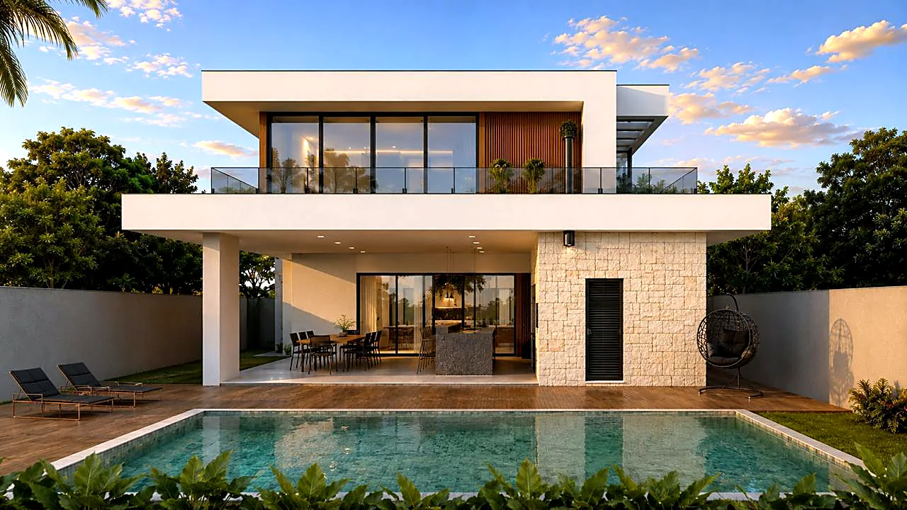 Projeto de residência com área de lazer e piscina integradas