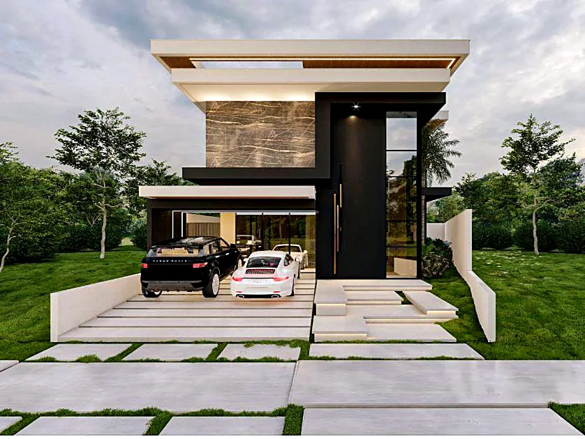 Projeto de residência contemporânea com acesso e garagem integrados