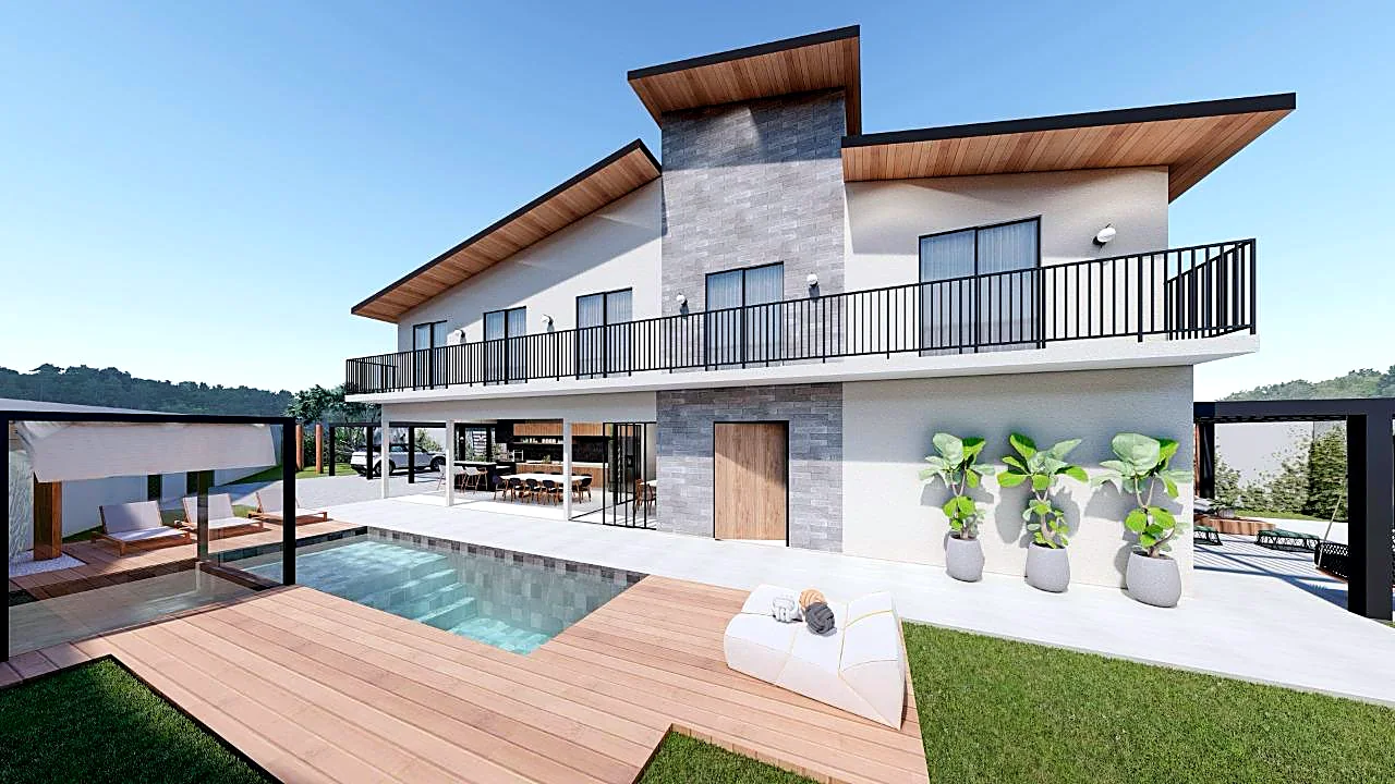 Projeto de residência com piscina e fachada em pedra natural