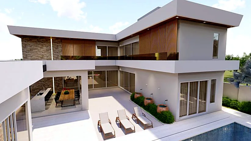 Projeto de residência com terraço e piscina em desnível