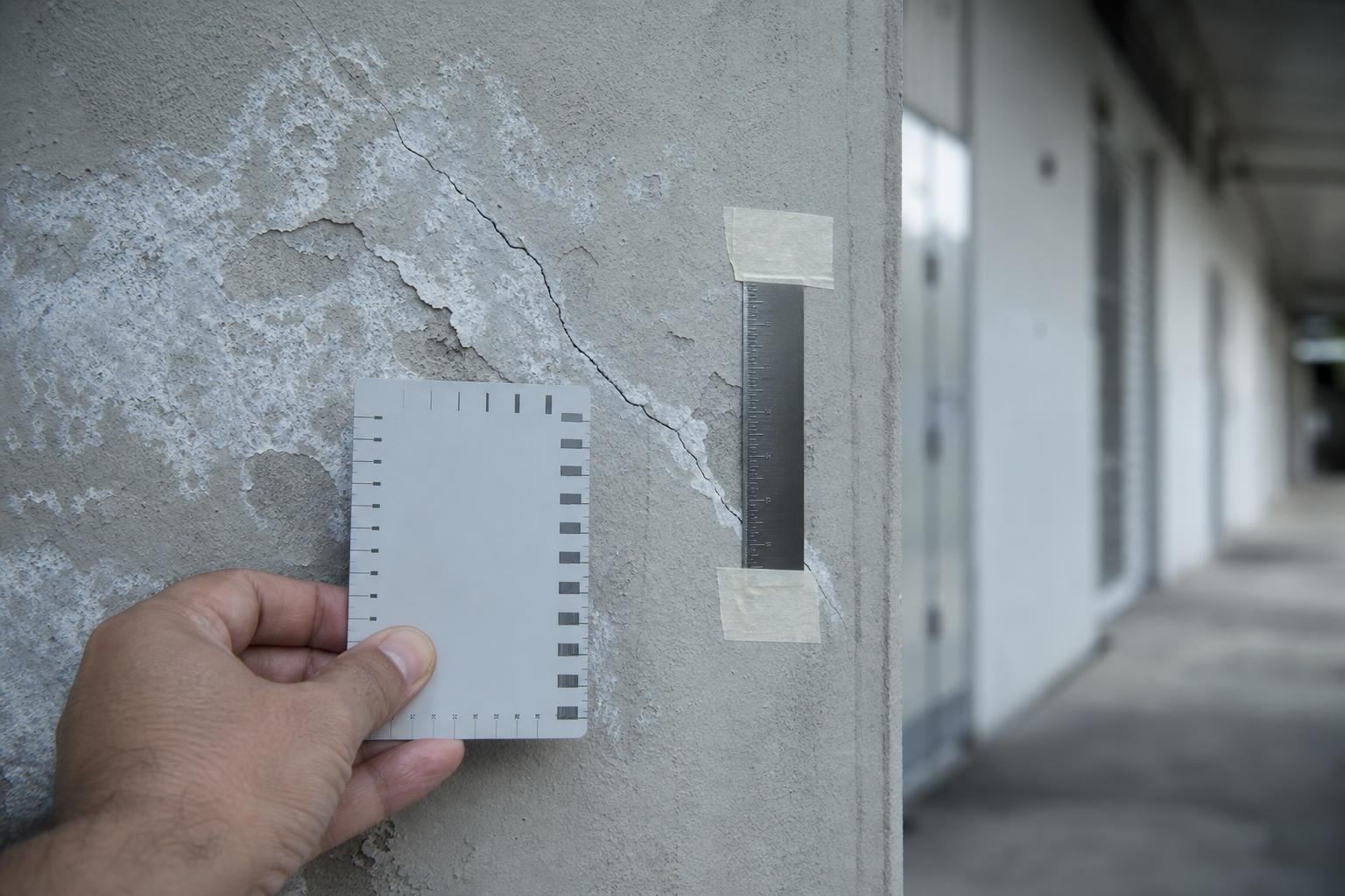 Detalhe técnico de trinca em alvenaria sendo avaliada por engenheiro