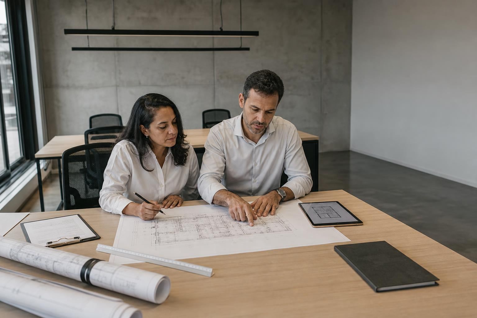 Equipe de engenharia da BEAVER analisando projeto técnico em escritório